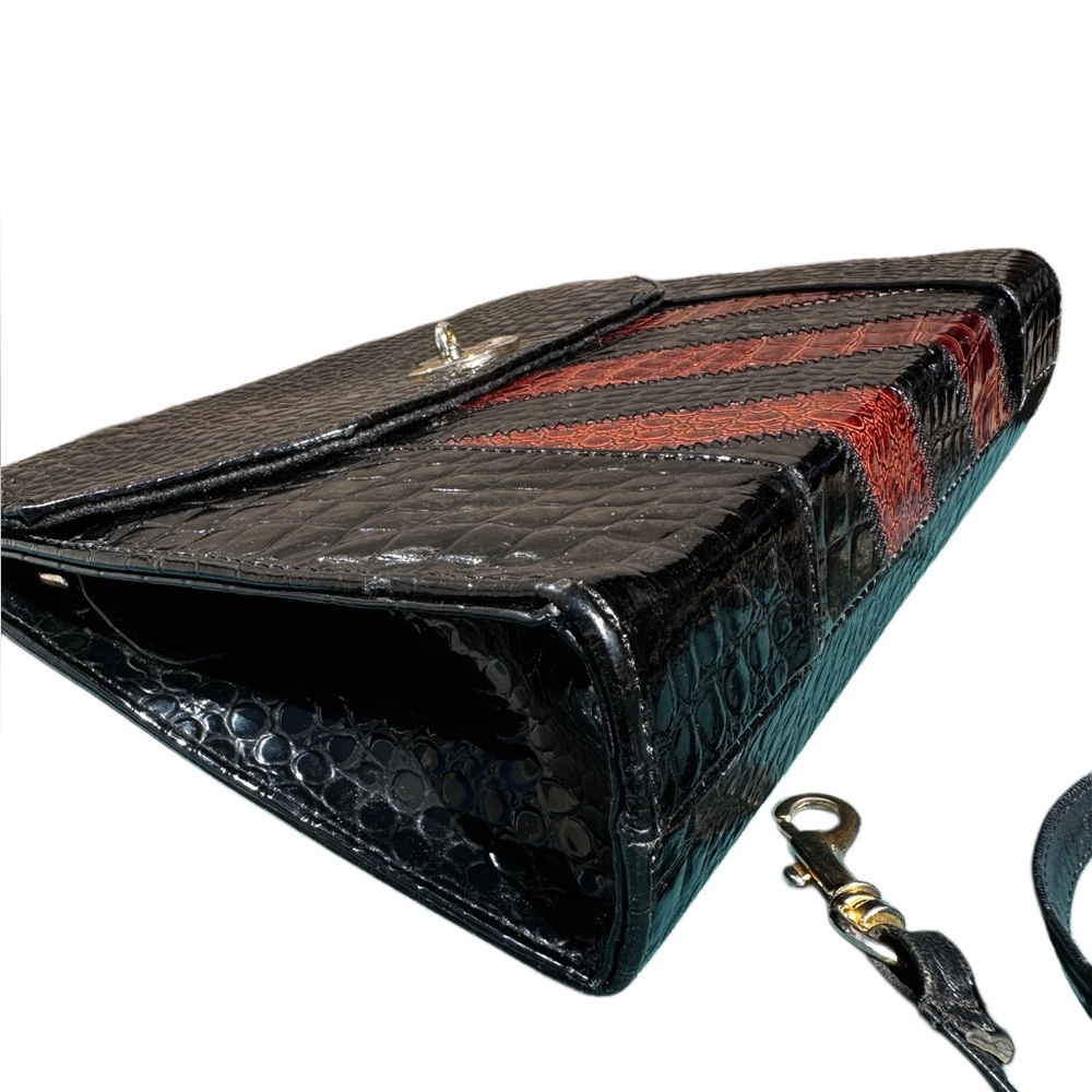 MICHELLE 80’s GENUINE LEATHER Croc-Embossed Black Burgundy Handle Satchel Strap - Picture 6 of 13